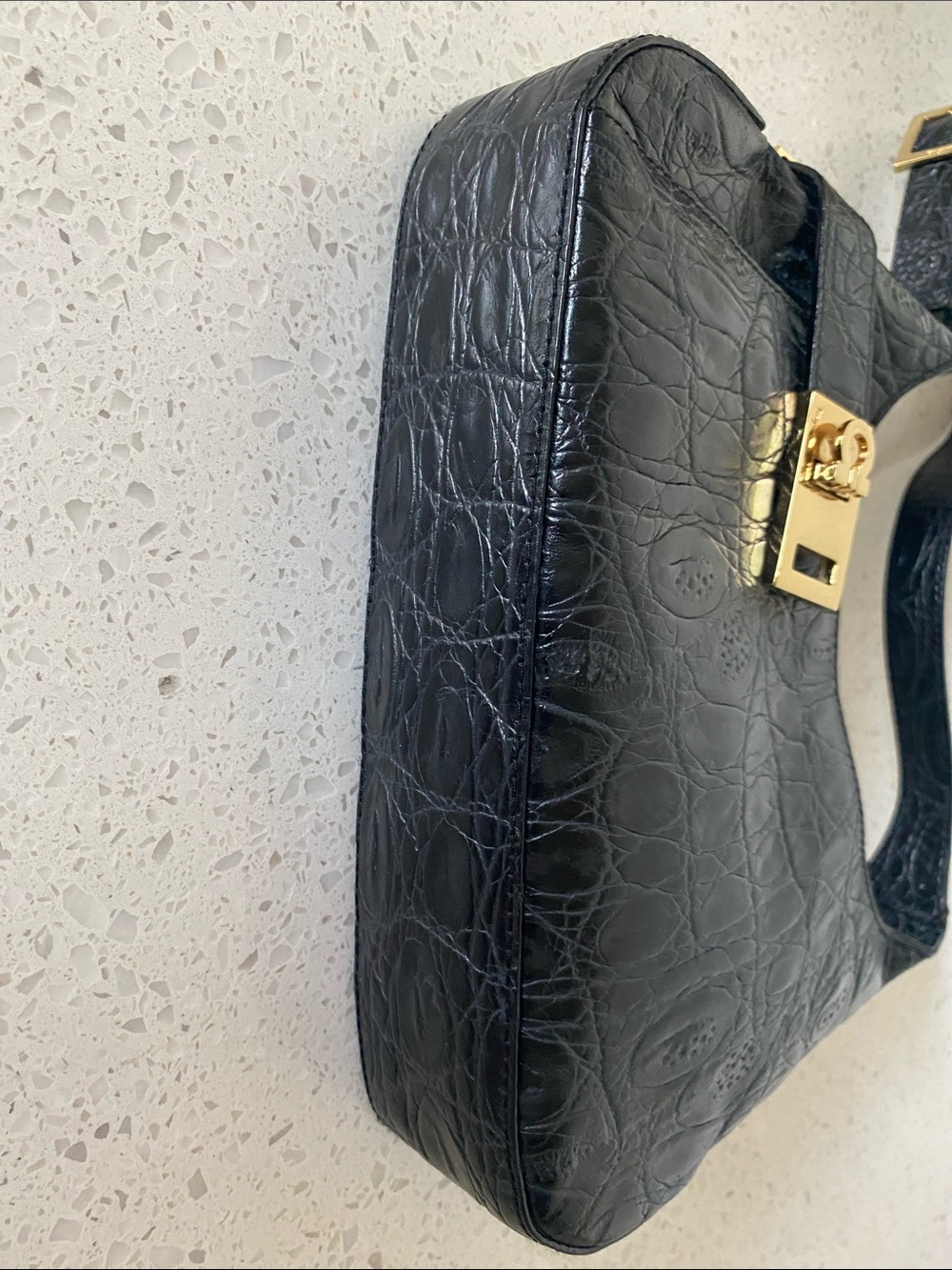 Salvatore Ferragamo Black Croc-Embossed Shoulder Bag with Gold Hardware - Picture 7 of 16